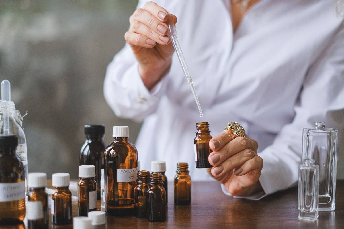 Fresh organic extracts for skin care in amber dropper bottles with botanical labels