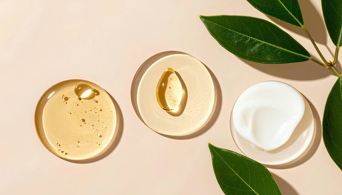Bottles of cosmetics natural plant extract in amber glass with droppers surrounded by fresh botanicals